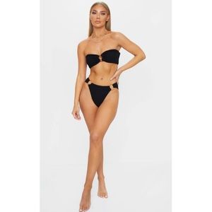 Black Ring Detail Crinkle Bikini Bottoms & Top